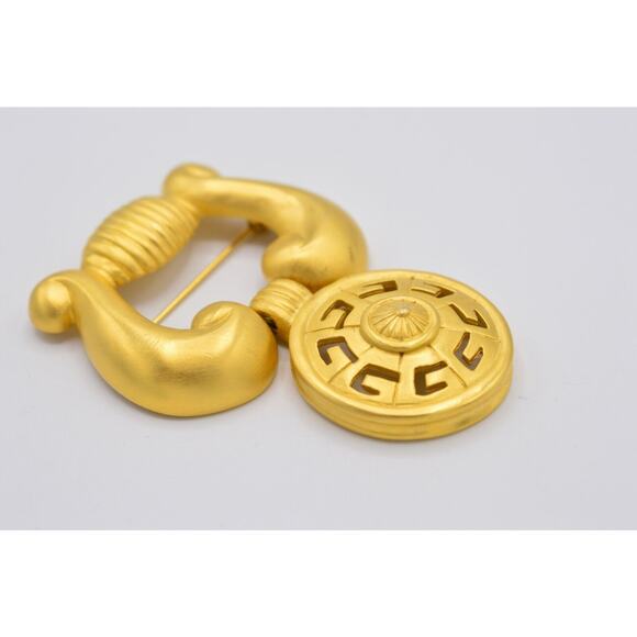 Givenchy Vintage Logo Pin Brooch Brushed Gold Door Knocker Chunky Signed BinF - Picture 7 of 10